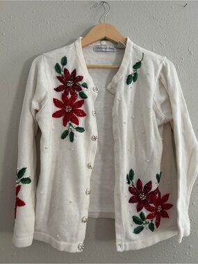 Victoria Jones Cream Cardigan Sweater Red Poinsettia Embroidery Small Christmas